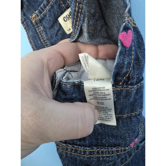 OshKosh B’Gosh Girls Denim Bib Overalls With Pink Hearts Size 12 Months - Picture 7 of 9